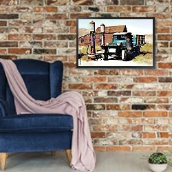 «Старый грузовик» в интерьере в стиле лофт с кирпичной стеной и синим креслом