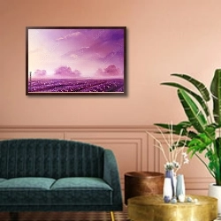 «Лавандовое поле под розовым небом» в интерьере классической гостиной над диваном