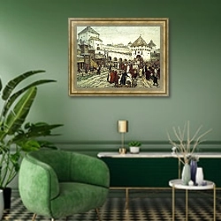 «В осадном положении. Троицкий мост и башня Кутафья. 1915» в интерьере гостиной в зеленых тонах