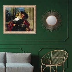 «The Garden of Love, c.1630-32» в интерьере классической гостиной с зеленой стеной над диваном