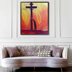 «In our sufferings we can lean on the Cross by trusting in Christ's love, 1993» в интерьере гостиной в классическом стиле над диваном