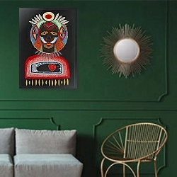«Face in the dark» в интерьере зеленой гостиной над диваном