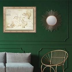«The Angel Appears to Hagar and Ishmael in the Wilderness» в интерьере классической гостиной с зеленой стеной над диваном
