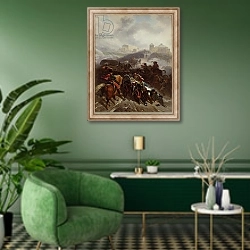«The French Army Crossing the Sierra de Guadarrama, Spain, December 1808, 1812» в интерьере гостиной в зеленых тонах