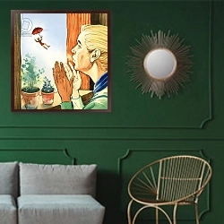 «The Story of Tom Thumb 10» в интерьере классической гостиной с зеленой стеной над диваном