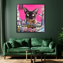 «Urban cat, 2015,» в интерьере зеленой гостиной над диваном