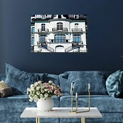 «Фасад особняка с ажурными балконами» в интерьере современной гостиной в синем цвете