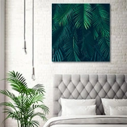 «Тропические зеленые пальмовые листья» в интерьере спальни в скандинавском стиле над кроватью