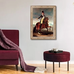 «Equestrian portrit of Ferdinand VII, 1808» в интерьере гостиной в бордовых тонах