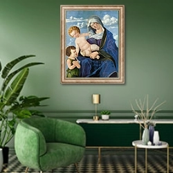 «Мадонна с младенцем с младенцем Святым Иоанном» в интерьере гостиной в зеленых тонах