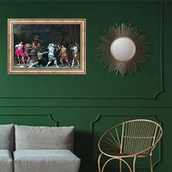 «Солдаты, делящие добычу в амбаре» в интерьере классической гостиной с зеленой стеной над диваном