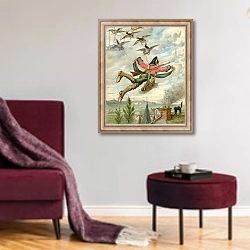 «Lifted from earth by ducks, c.1886» в интерьере гостиной в бордовых тонах