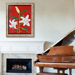 «White lily on a red background no.2, 2008, oil on canvas» в интерьере классической гостиной над камином