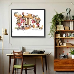 «Уличное кафе в старом городе» в интерьере комнаты в стиле ретро с плетеными корзинами