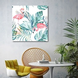 «Тропический фон с фламинго и листьями» в интерьере современной гостиной с желтым креслом