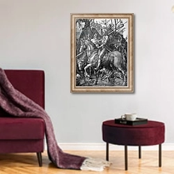 «Knight, Death and the Devil, 1513 2» в интерьере гостиной в бордовых тонах