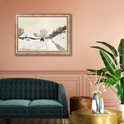 «Телега на снежнйо дороге в Хонфлере» в интерьере классической гостиной над диваном