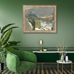 «Зимний пейзаж 16» в интерьере гостиной в зеленых тонах