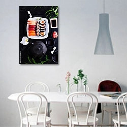 «Японские суши с чайником и чайными чашками» в интерьере светлой кухни над обеденным столом