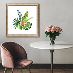 «Акварельный букет тропических листьев и цветов 2» в интерьере в классическом стиле над креслом