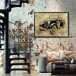 «Ретро-автомобиль на гранж фоне» в интерьере двухярусной гостиной в стиле лофт с кирпичной стеной