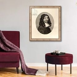 «Portrait of Andrew Marvell» в интерьере гостиной в бордовых тонах