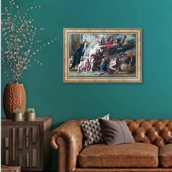«Ужасы войны» в интерьере гостиной с зеленой стеной над диваном