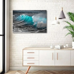 «Голубая морская волна» в интерьере комнаты в скандинавском стиле над тумбой