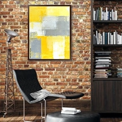 «Серо-желтые прямоугольники» в интерьере кабинета в стиле лофт с кирпичными стенами