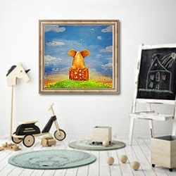 «Слон, сидящий на чемодане на поляне» в интерьере детской комнаты для мальчика с самокатом
