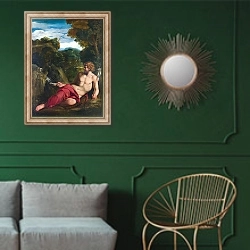 «Иоанн Креститель в глуши» в интерьере классической гостиной с зеленой стеной над диваном