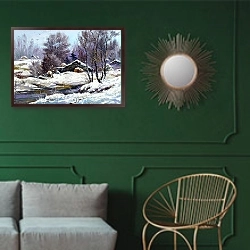 «Небольшой дом в деревне зимой» в интерьере классической гостиной с зеленой стеной над диваном