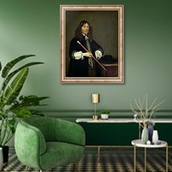 «Portrait of the Mayor of Amsterdam Nicolaes Pancras, 1670» в интерьере гостиной в зеленых тонах