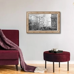 «The Strand from the corner of Villiers Street, 1824» в интерьере гостиной в бордовых тонах
