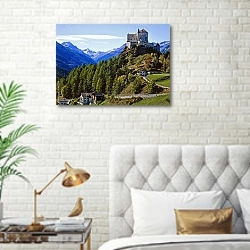 «Швейцария. Замок Тарасп в регионе Энгадин» в интерьере современной спальни в белом цвете с золотыми деталями