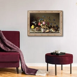 «Flowers, shells and insects on a stone ledge» в интерьере гостиной в бордовых тонах