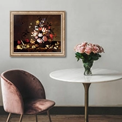 «Still life of a vase of flowers with shells» в интерьере в классическом стиле над креслом