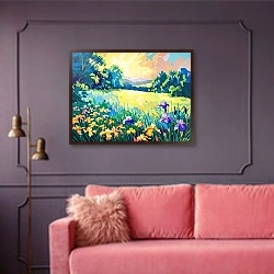 «Irises at dawn» в интерьере гостиной с розовым диваном