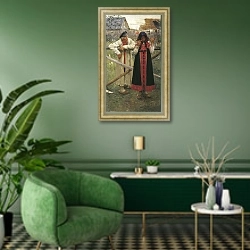 «Ответа жду. 1900» в интерьере гостиной в зеленых тонах