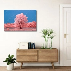 «Розовая прерия с большим деревом» в интерьере современной прихожей над тумбой