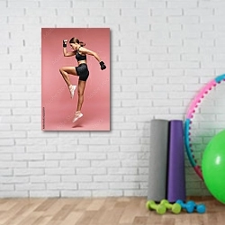 «Спортсменка в прыжке на розовом фоне» в интерьере фитнес-зала с кирпичной стеной
