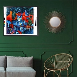 «Summer in the City, 2006» в интерьере классической гостиной с зеленой стеной над диваном