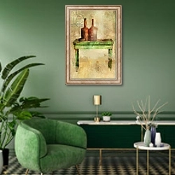 «Table with bottles» в интерьере гостиной в зеленых тонах
