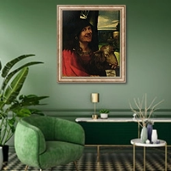 «Portrait of a Court Jester» в интерьере гостиной в зеленых тонах