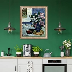 «Натюрморт с мандолиной» в интерьере кухни с зелеными стенами
