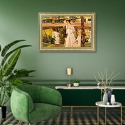 «The Garden, 1913» в интерьере гостиной в зеленых тонах
