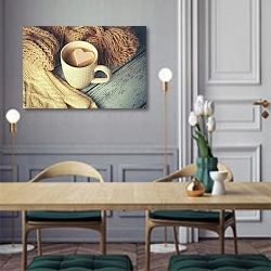 «Чашка кофе с зефиром на деревянном столе» в интерьере классической кухни у двери