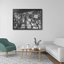 «История в черно-белых фото 1170» в интерьере гостиной в скандинавском стиле с зеленым креслом