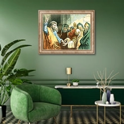 «Render unto Caesar» в интерьере гостиной в зеленых тонах