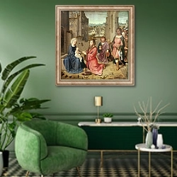 «Adoration of the Kings, 1515» в интерьере гостиной в зеленых тонах